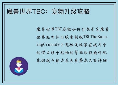 魔兽世界TBC：宠物升级攻略